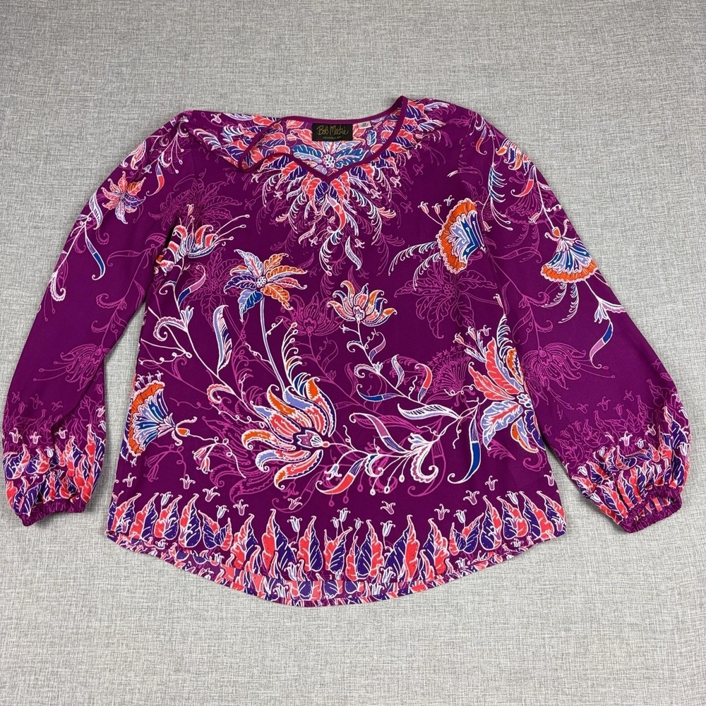 Bob Mackie Blouse Womens XS Purple V-Neck Long Sleeve Floral Tunic‎ Top Print